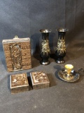 Oriental stamps, metal etched vases, candle holder