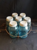 Blue jars with zinc lids and holder