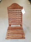 Oriental carved seat with brass inlay, 32 in