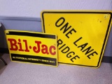 Bil Jac, one lane bridge, Schraffts paper sign