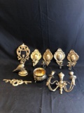 Brass candle holders, bird, small pot