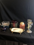 Candle holders, serving tray, covered dish, potpourri holder, glass bowls