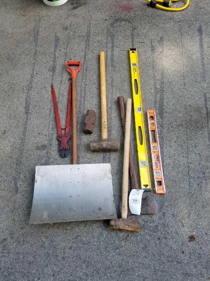 Grouo of yard tools, levels, bolt cutters