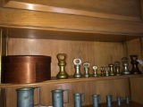 Assorted vintage weights, cheese box