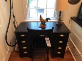 Kneehole desk, chair, lamp, rooster