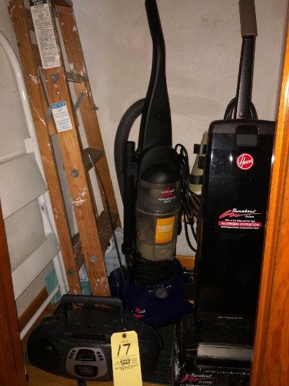 Bissell and Hoover Vacuums, Two Stepladders, Radio