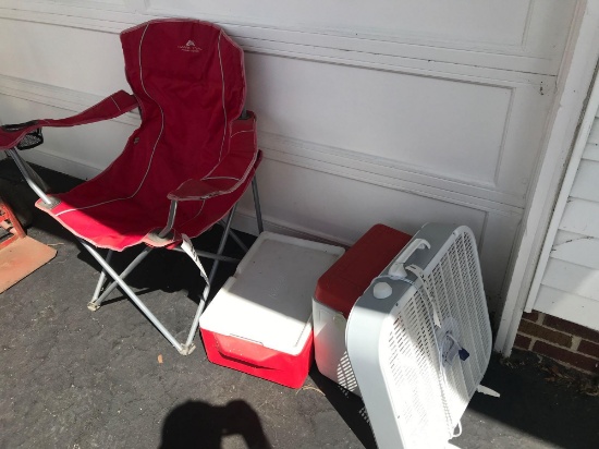 Folding chair, coolers, fan