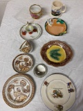 Nursery rhyme plate, stag cup & saucer, majolica tray, Canton HOF cup, mustache cup