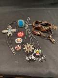 Indian style beaded necklaces & pins, pair spurs, turquoise necklace & bracelet