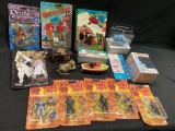 Toys, Fire Squad figures, Rocketeer trade cards, tin toys, Hallmark Champion pedal car, etc.