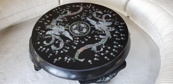Round Black Lacquer mother of pearl inlay oriental coffee table