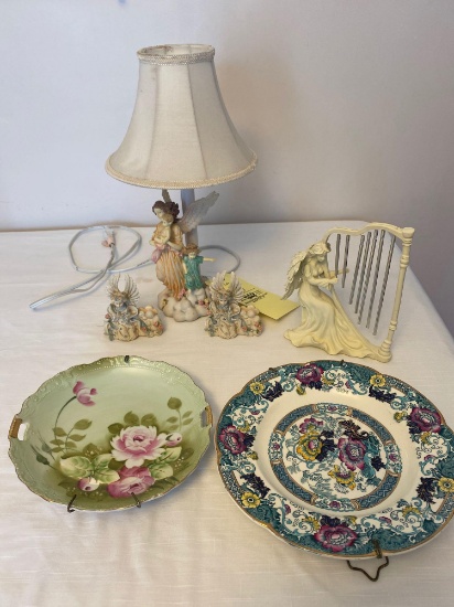 Angel lamp, Angel figurines, Wood & Son plate, Lefton plate.