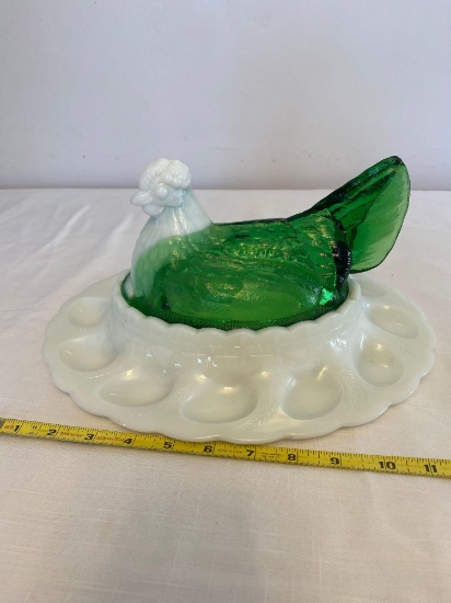 Unmarked Fenton hen covered deviled egg bowl/tray, 12" long.