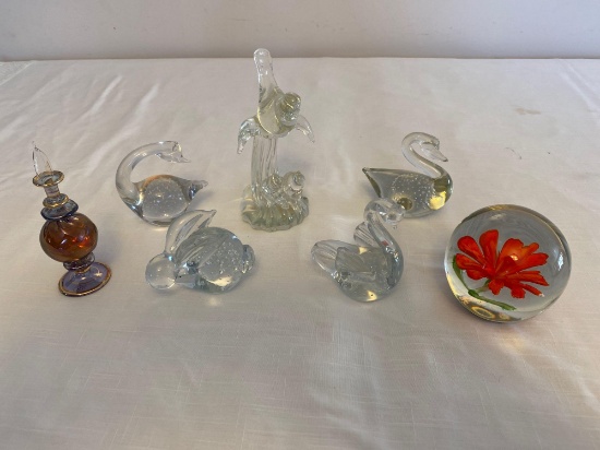 Mutant style swans & rabbit, paperweight, Napcoware birds, perfume bottle from Egypt.