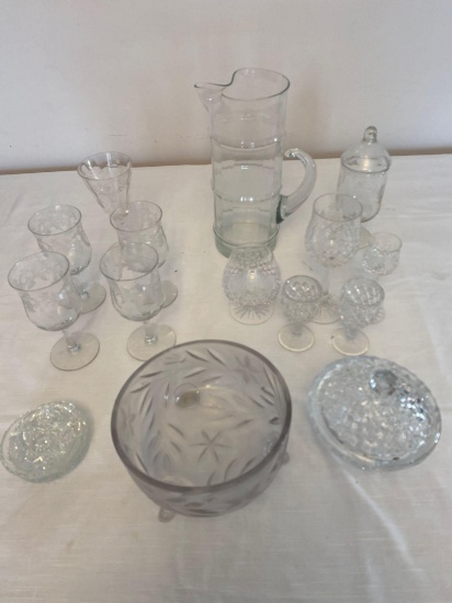 Pitcher, 4 thistle pattern stem glasses, other glass.