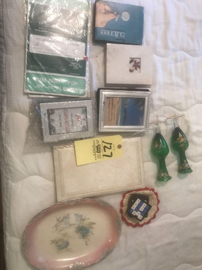 Photo albums, green glass vases, painted dish