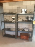 Metal shelves and contents, glass platters, coffee maker, muffin pans, picnic basket