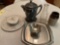 Meridian quadruplate pitcher, Bowman milk bottle, stoneware jar, pewter bowl, stainless tray, etc.