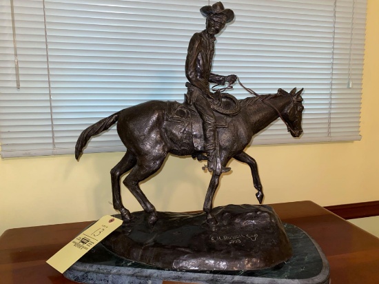 C. M. Russell 1903 marked "Will Rogers" metal statue on marble base