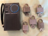 (5) Locks w/ keys, Magnavox AM/FM 2-band receiver radio