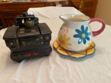 McCoy stove cookie jar, ceramic pitcher w/ chipped saucer