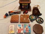 Playing cards, marble bag & marbles, Broncos truck, etc.