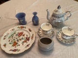 Lefton 25th Anniv. Tea set, Wedgwood, unmarked plate, pottery vase