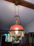 Old Upsy Downsy electrified oil lamp w/ cranberry glass shade