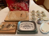 Mikado crystal holiday platter, (8) German cups w/ saucers, Indy 500 creamer, etc.