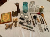 Old kitchen utensils, ice cream scoop, jars, etc.