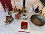 (7) bells, (2) glass paperweights, bear figure clock, pewter angels ornament, bowl