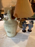 Pottery dble. spout jug, figurines