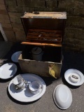 U.S. Military trunk w/ granite ware dishes & stainless flatware