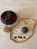 Bone necklace, Indian type stone, Oriental sewing basket, Oriental coins, alabaster paperweight