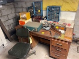 Oak desk w/ chair plus all items on desk, STP metal cabinet w/ peg board