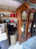 Grandfather clock w/ moon/sun dial, pine cabinet, 82