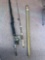 Three fishing rods, one Cortland fly rod in tube, Halo daylight fishing rod with spin master reel,