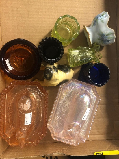 Glassware, bunny on nest, toothpick holders, plates, etc