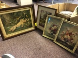 4 prints and frames, floral, child, cherub angel baby