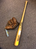 Vintage baseball mitt and tony Gwynn Bat