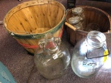 Bushel baskets, vintage lawsons milk jug, canning jars