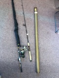 Three fishing rods, one Cortland fly rod in tube, Halo daylight fishing rod with spin master reel,