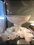 Milk glass punch bowl set on pedestal with 10 cups