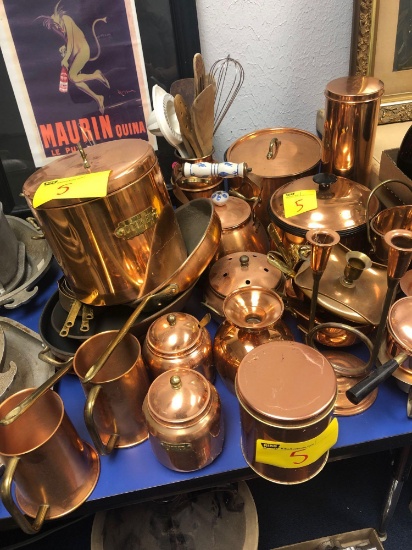 Collection of copper ware, skillets, canisters, steins