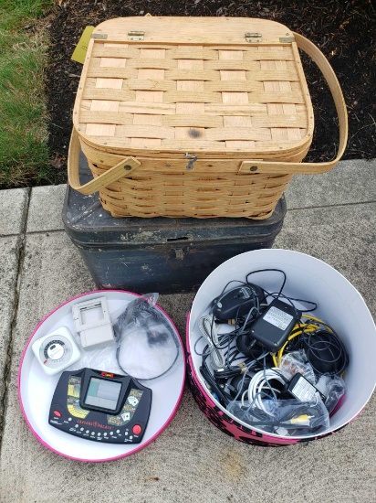 Picinic Basket, Metal Box, Assorted Electronics