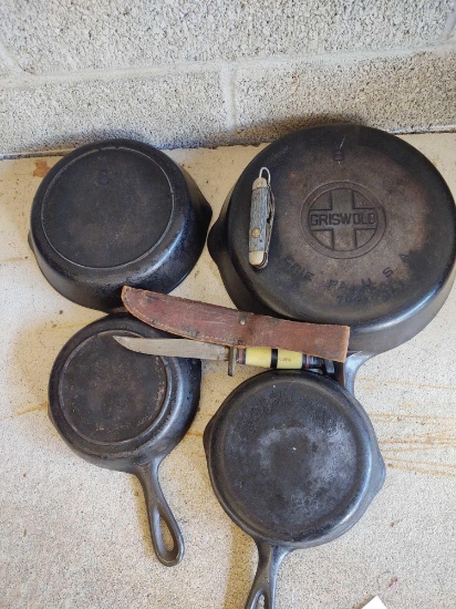 4 Cast Iron Skillets (1 Griswold), Boy Scout Ulster Pocket and Knife w/ Sheath Knife