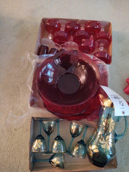 Red Glass Stemware & Serving Pieces, and Drink Set