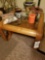 Pair of oak glass tables and lamp, decor