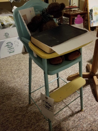 Amsco 1950s metal doll highchair, and 1940 Blue Jackets manual