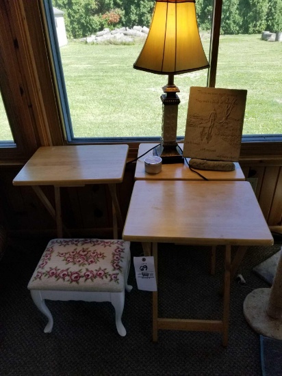 3 snack trays, foot stool, lamp, garden plaque